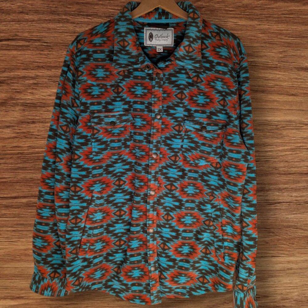 Outback Trading Company Men's 2X Southwest Flannel Shacket blue orange brown